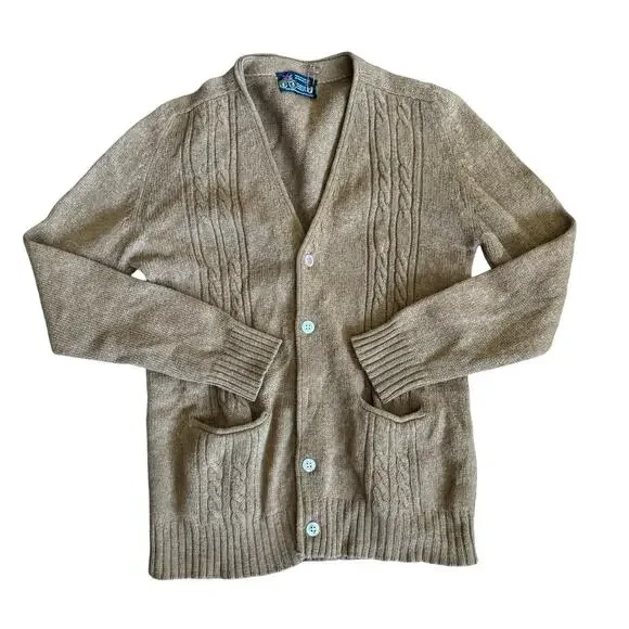 Scotish Shetland 100% Wool Sweater Cardigan Tan Medium - Picture 1 of 5